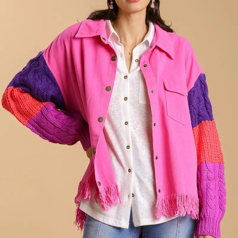 New Umgee Hi Low Fringe Button Down Sweater Shacket Cable Knit Pink Colorblock - Picture 4 of 8